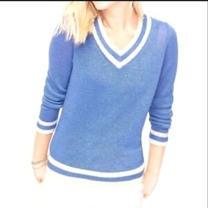 Talbots Linen V-Neck Knit Sweater 2Xp Varsity Stripe Long Sleeve Preppy Pullover